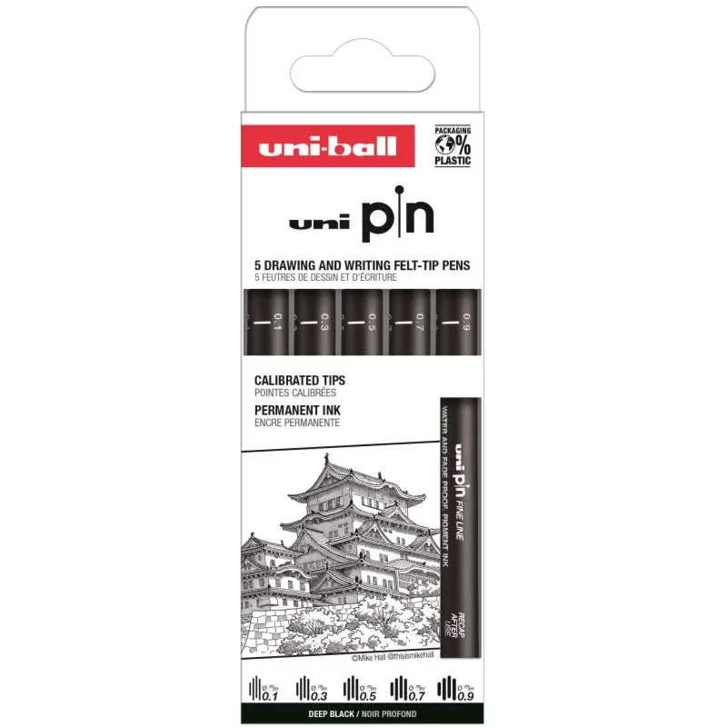 Set met 5 fineliners 0,1 / 0,3 / 0,5 / 0,7 / 0,9 PIN ZWART UNI-ball