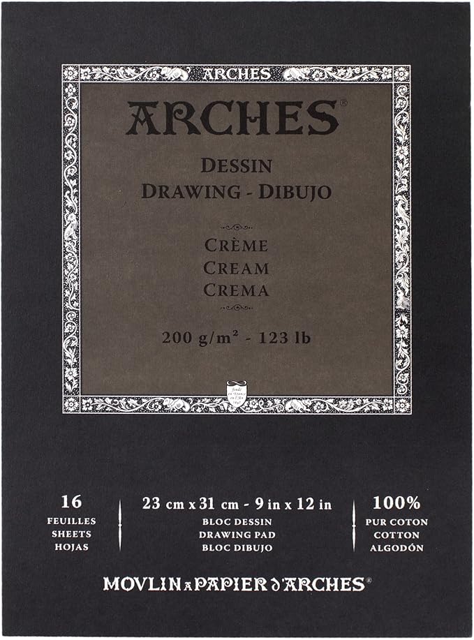 Crème 200 gr 100% Katoen (16 vel) Blok A4+ 1 zijde gelijmd Tekenpapier Arches