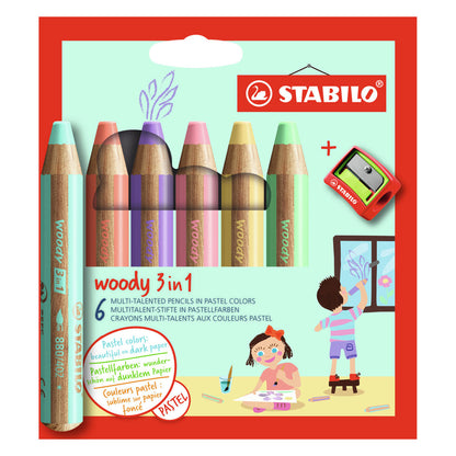 Woody 6 stuks Pastelkleuren Potlodensets, Arty Stabilo 3 in 1 Potloden extra dik