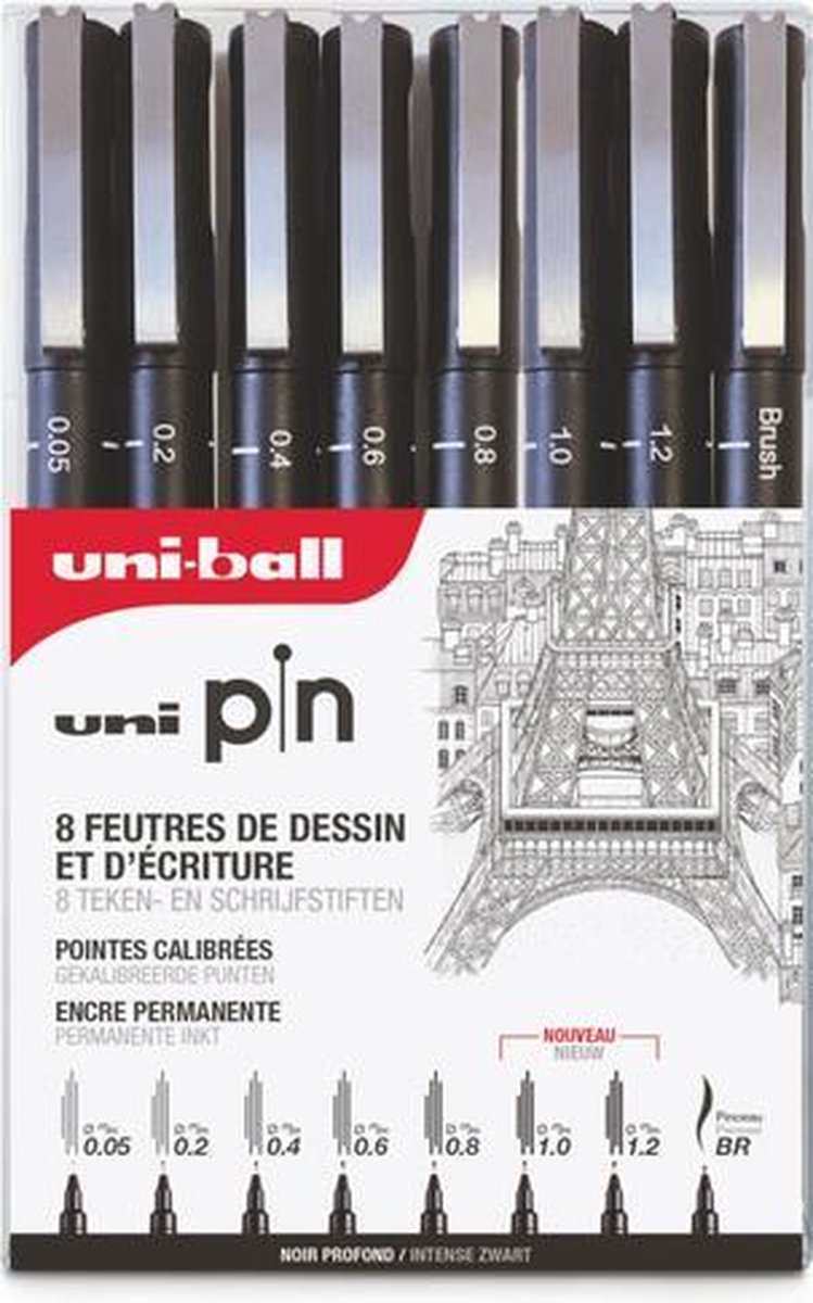 Set met 7 fineliners  0,03 / 0,1 / 0,3 / 0,5 / 0,7 / 0,9 / 1,2 en Brush - UNI-ball PIN